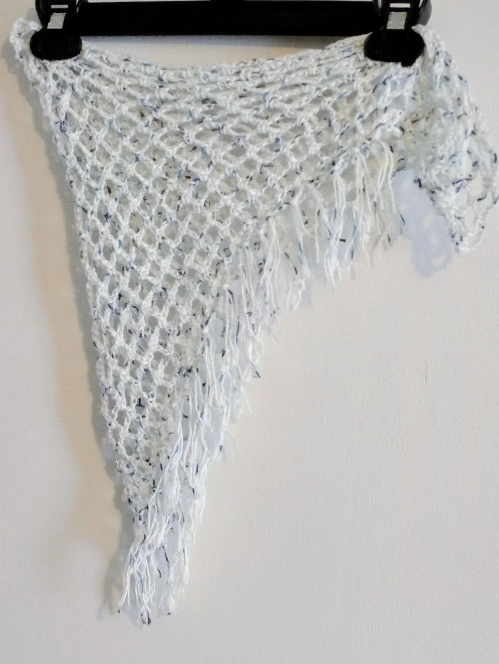 Handmade White Crochet Triangle Beach Wrap with Fringe